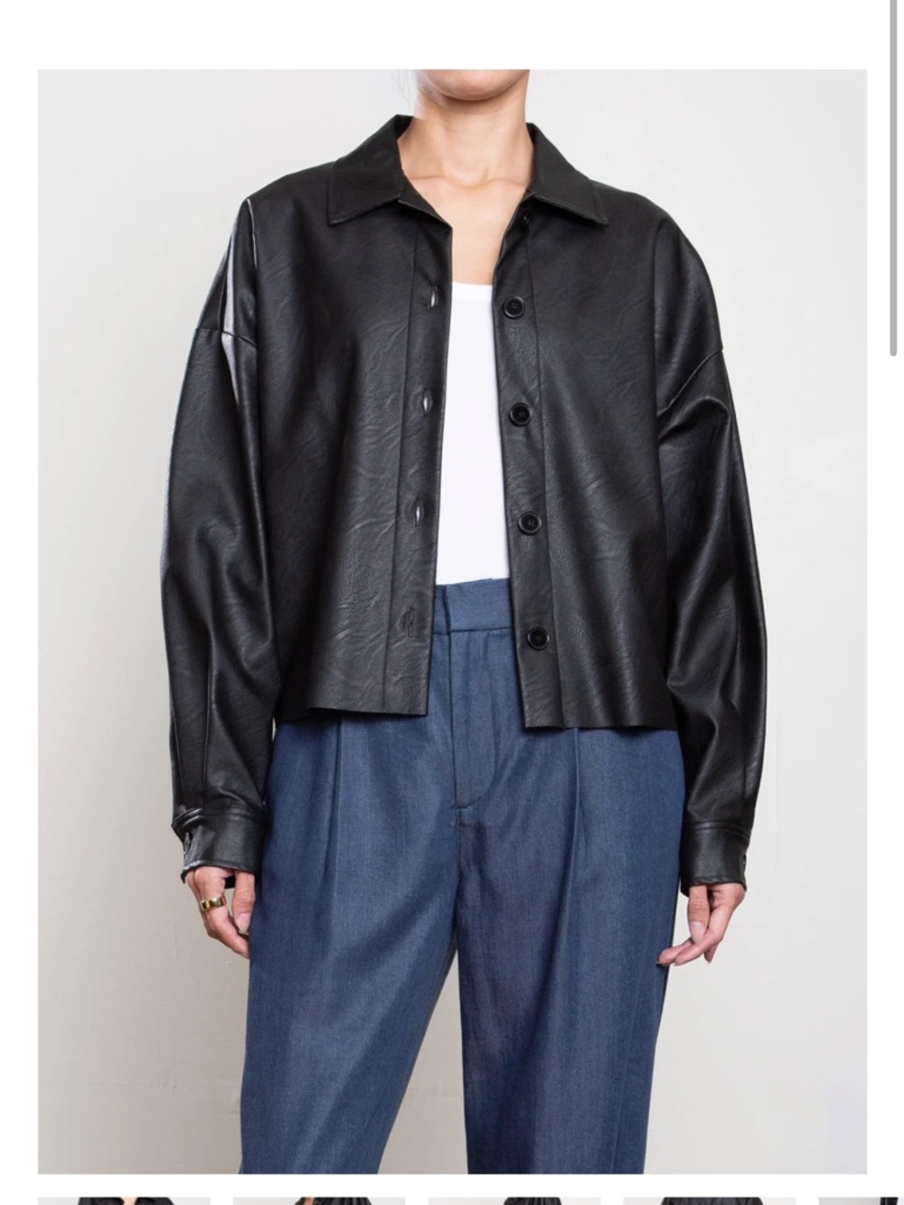 Cropped Black Faux Leather Button-Front Jacket - Women